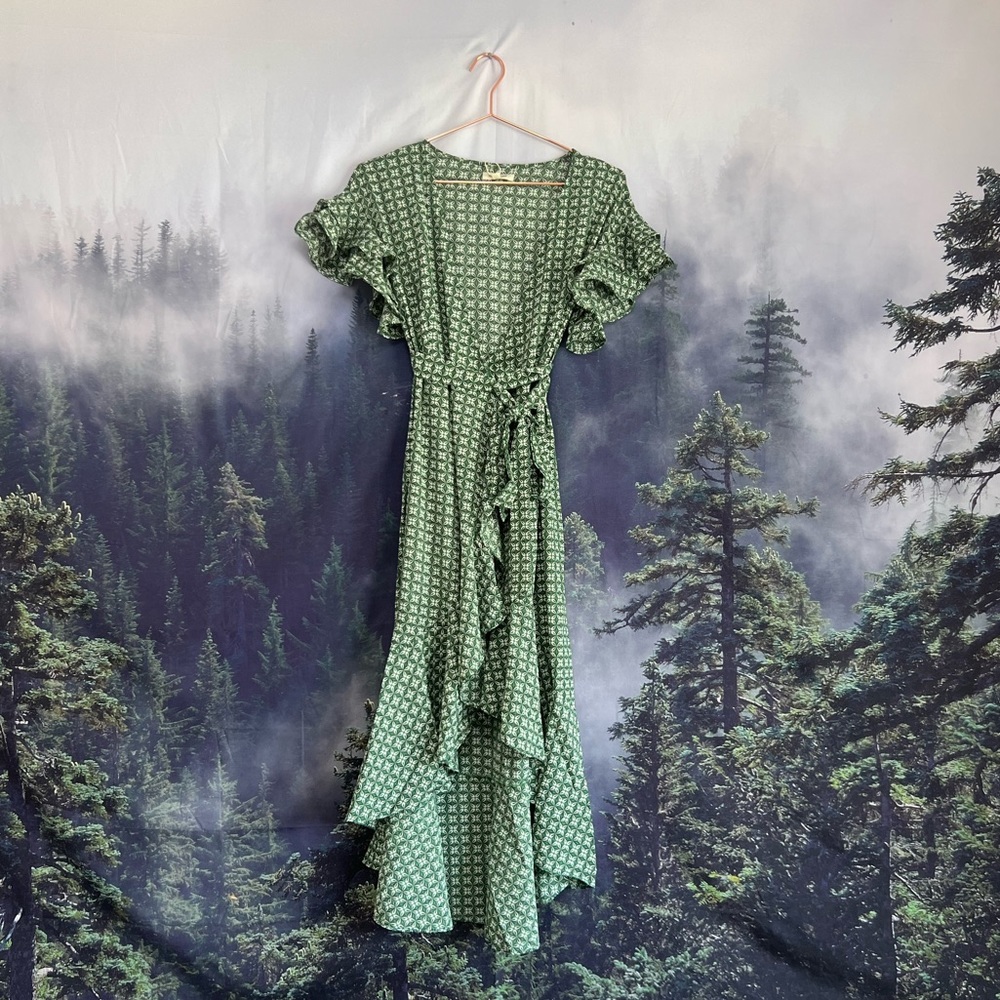 Max Studio Ruffle Crepe High/Low Wrap MIDI Dress in Green Size XS